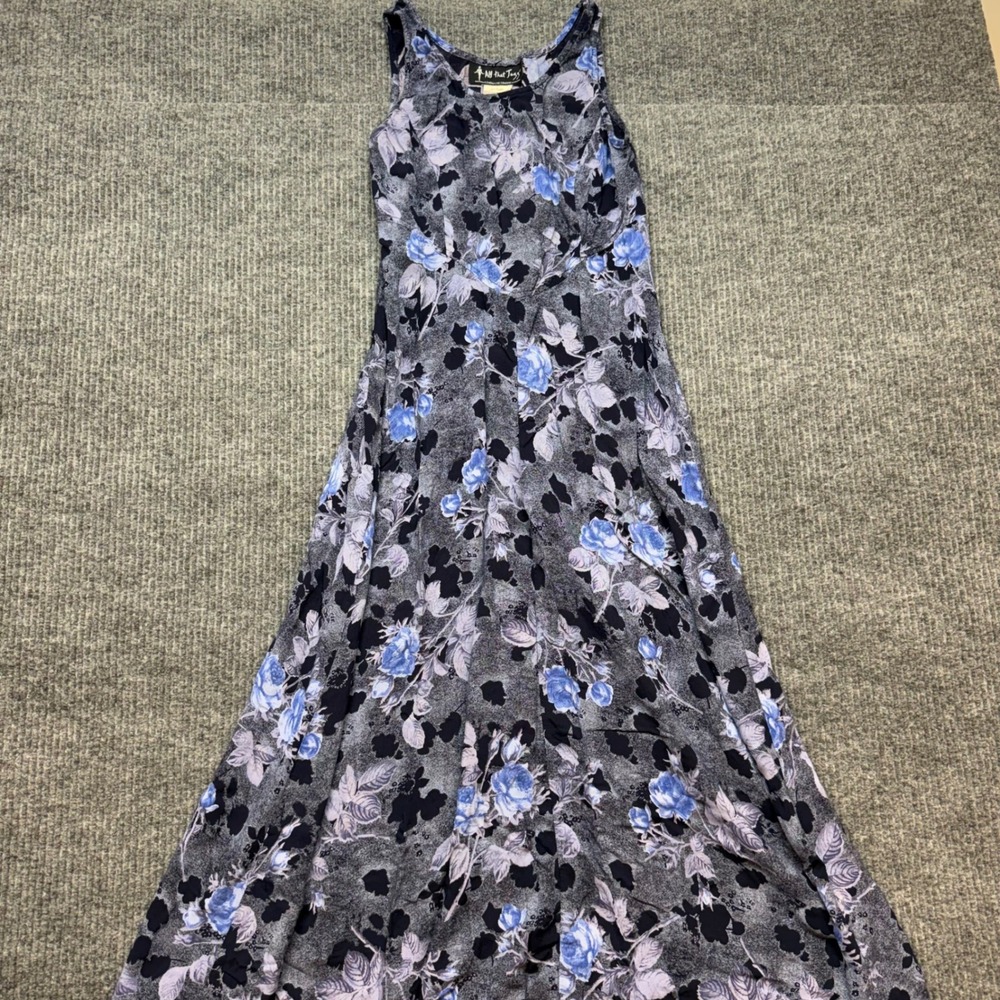 All That Jazz Vintage 90s Floral Maxi Dress Blue Gray Rayon Lace Up Back 5/6